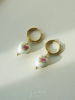 Ceramic Heart Hoop Earrings - Pink