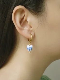 Ceramic Heart Hoop Earrings - Blue