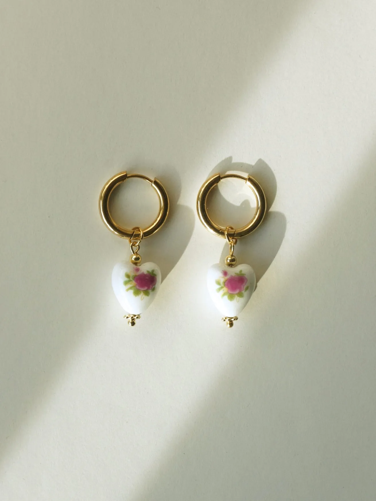 Ceramic Heart Hoop Earrings - Pink