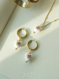 Ceramic Heart Hoop Earrings - Pink