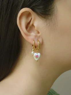Ceramic Heart Hoop Earrings - Pink