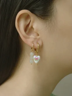 Ceramic Heart Hoop Earrings - Pink