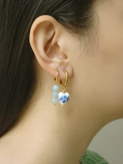 Ceramic Heart Hoop Earrings - Blue