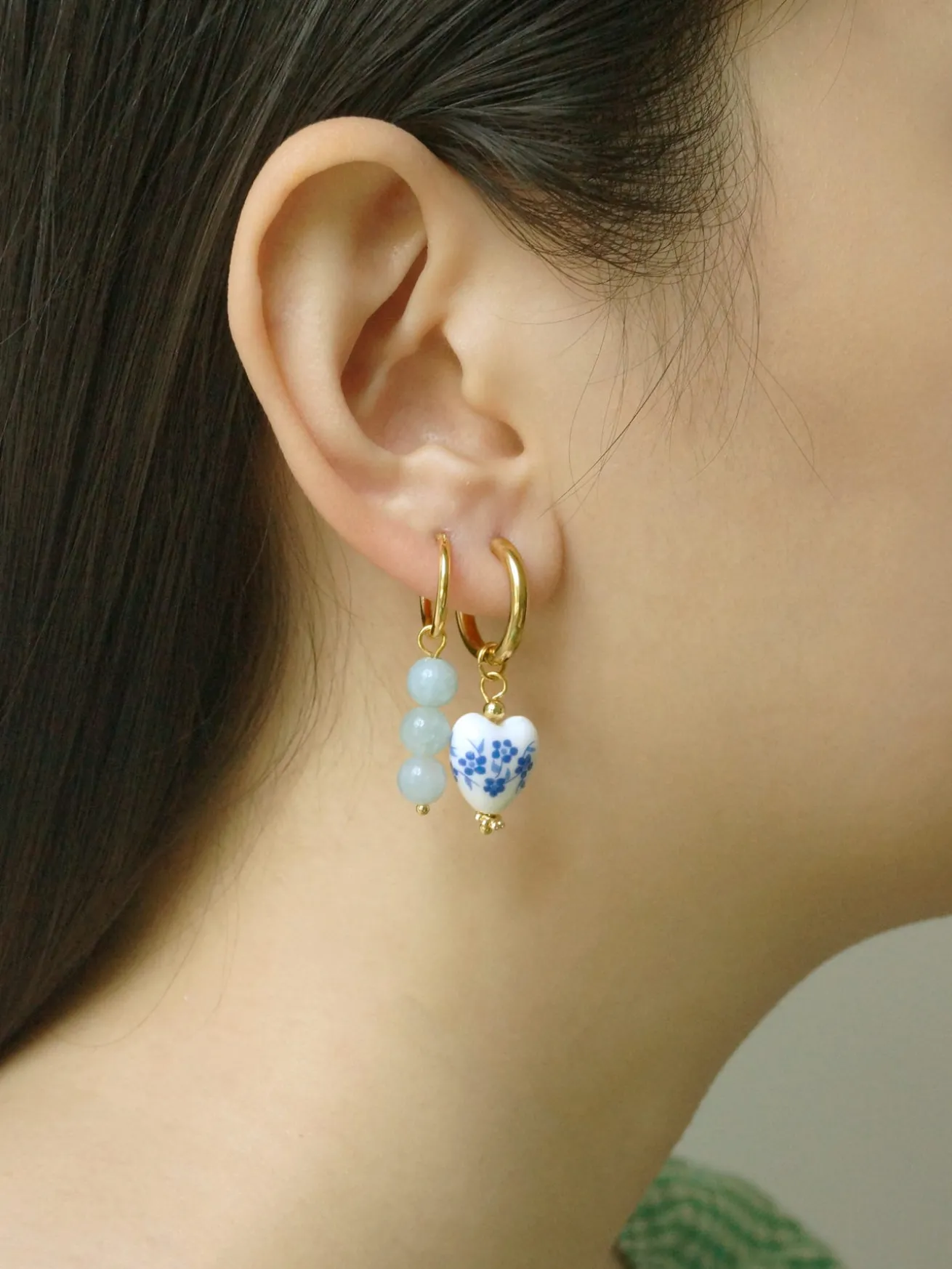 Ceramic Heart Hoop Earrings - Blue