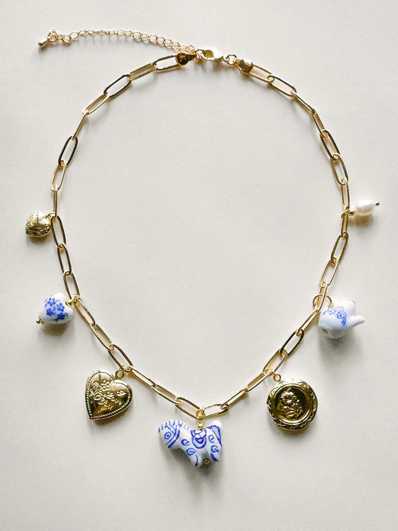 Chunky Ceramic Charm Necklace - Pony, Teapot & Jumbo Lockets