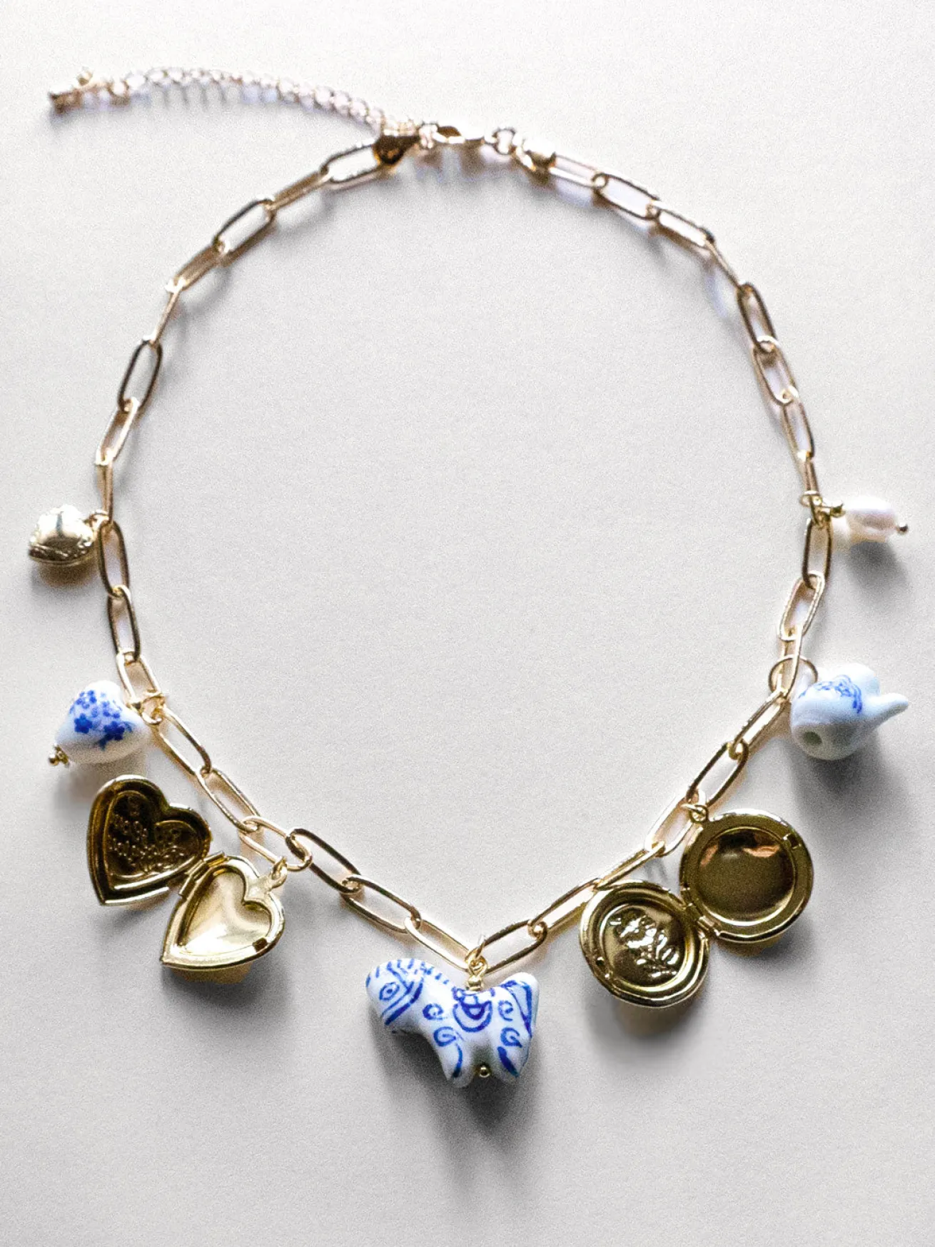 Chunky Ceramic Charm Necklace - Pony, Teapot & Jumbo Lockets