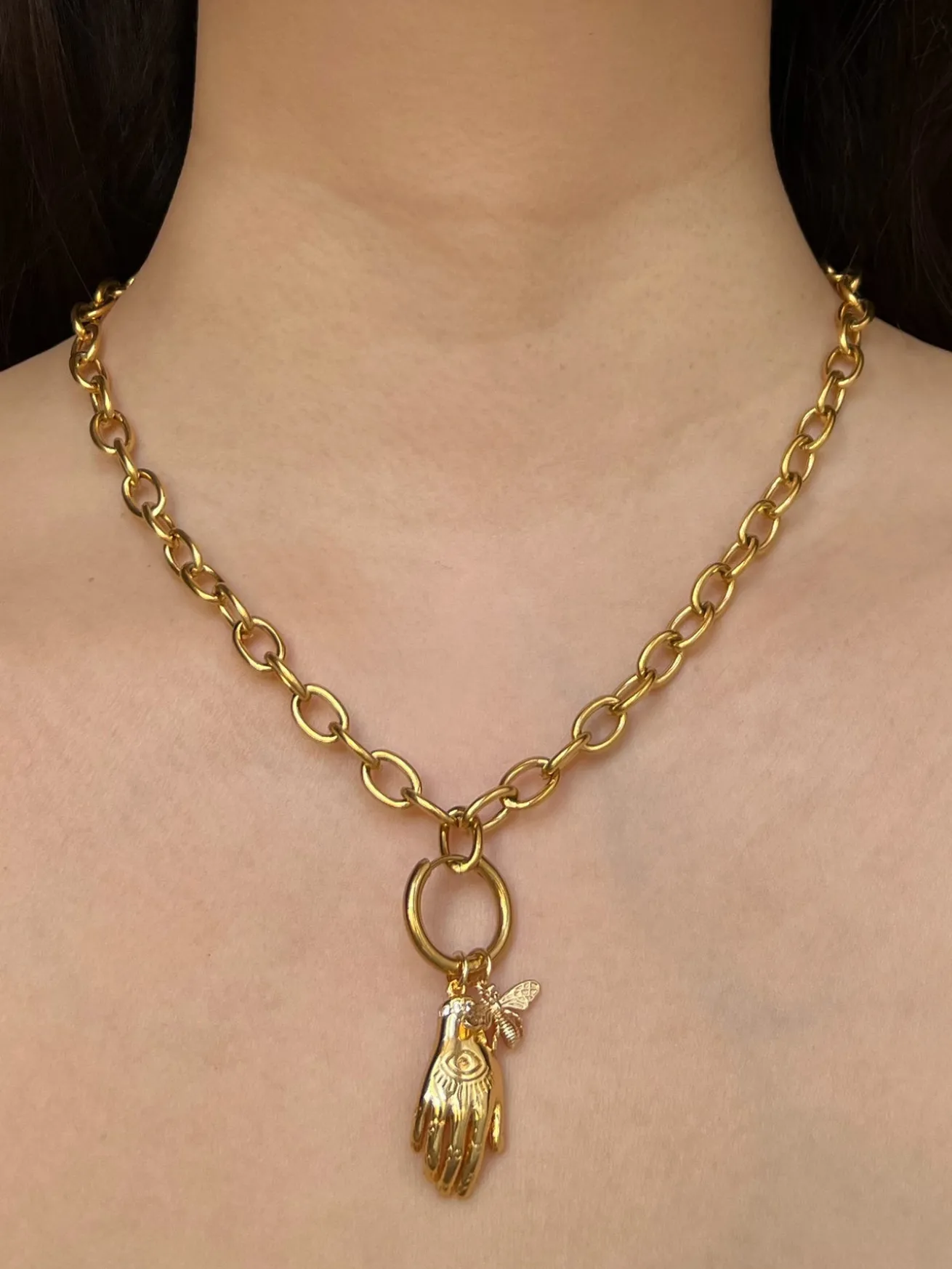 Chunky Gold Chain Necklace - Evil Eye Hand, Bee