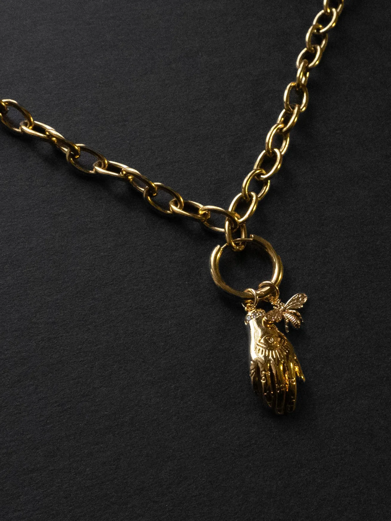 Chunky Gold Chain Necklace - Evil Eye Hand, Bee