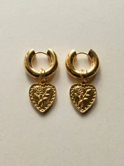Chunky Gold Hoops - Heart Rose Pendant