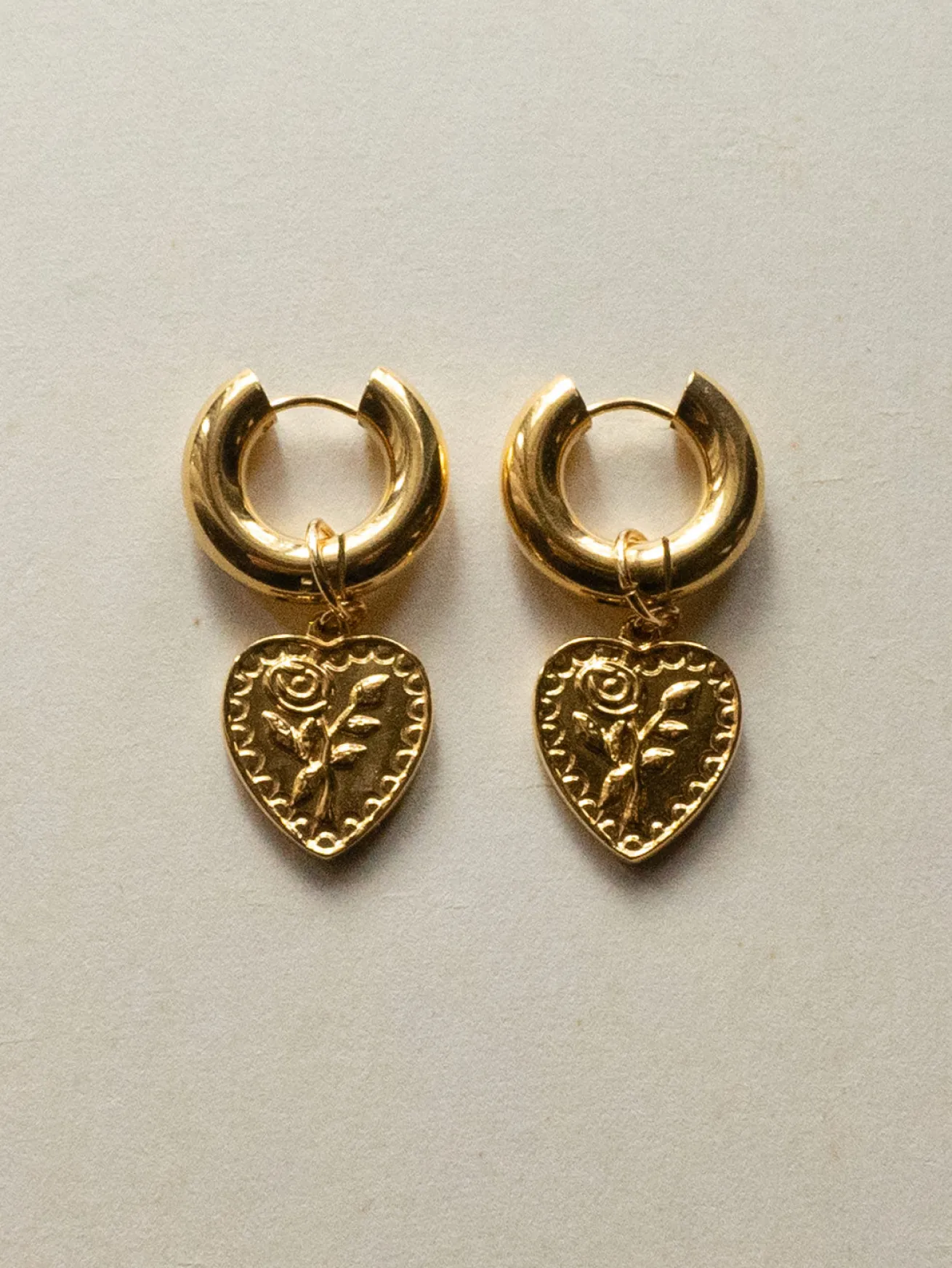 Chunky Gold Hoops - Heart Rose Pendant