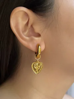 Chunky Gold Hoops - Heart Rose Pendant