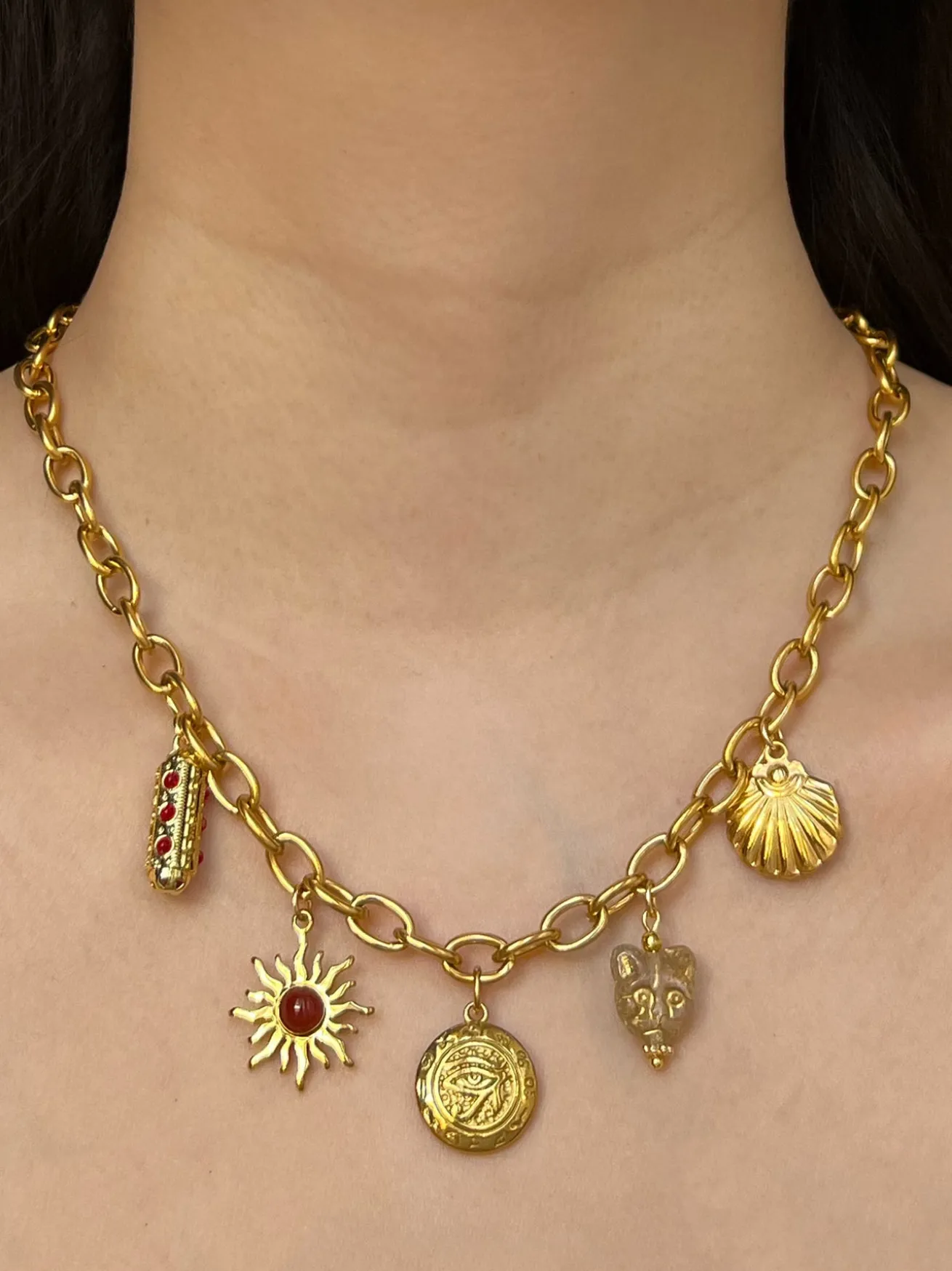 Chunky Gold Talisman Necklace - Eye of Horus Charm