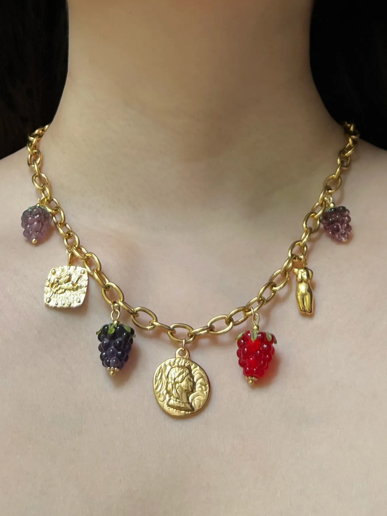 Chunky Gold Tasliman Necklace - Roman Coin, Glass Berries