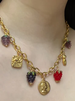 Chunky Gold Tasliman Necklace - Roman Coin, Glass Berries