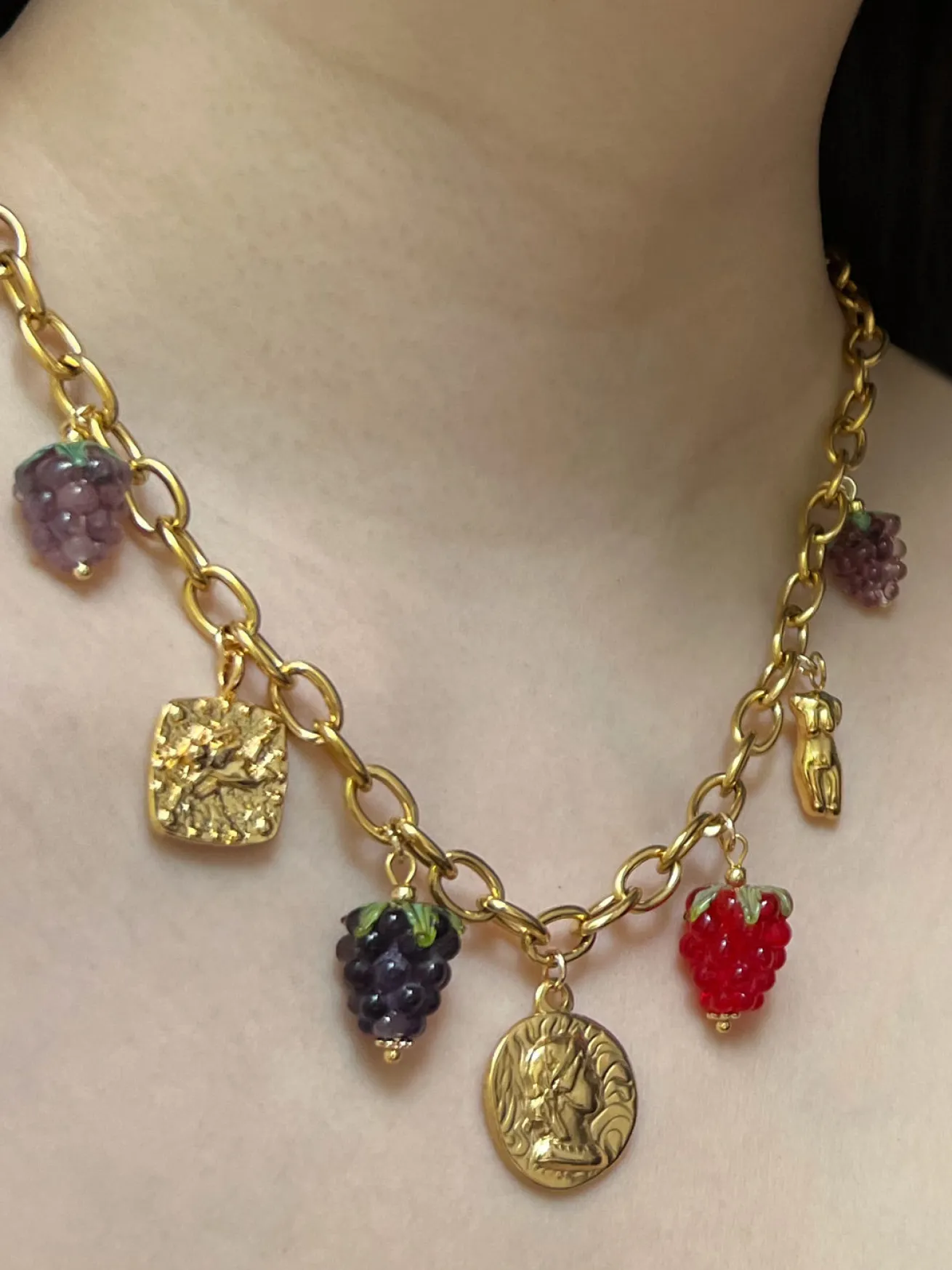 Chunky Gold Tasliman Necklace - Roman Coin, Glass Berries