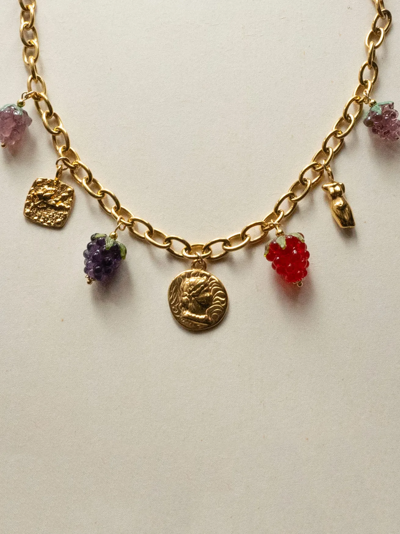 Chunky Gold Tasliman Necklace - Roman Coin, Glass Berries