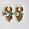 Chunky Heart Locket Hoops - Blue Ceramic Heart/Green Stones
