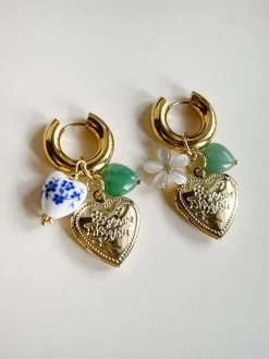 Chunky Heart Locket Hoops - Blue Ceramic Heart/Green Stones