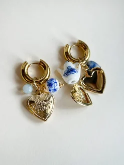 Chunky Heart Locket Hoops - An Eclectic Cup of Tea/Blue Stones