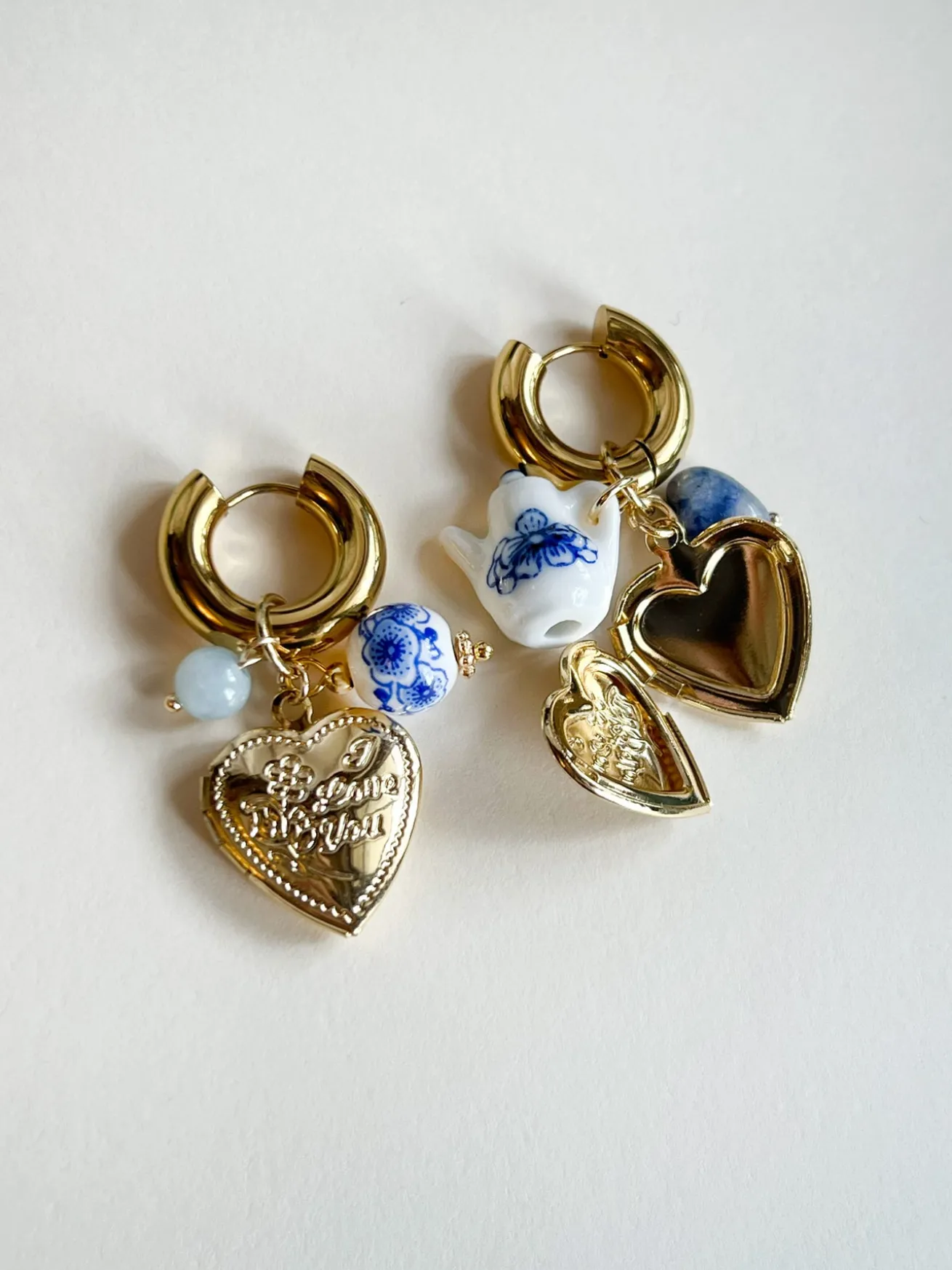 Chunky Heart Locket Hoops - An Eclectic Cup of Tea/Blue Stones