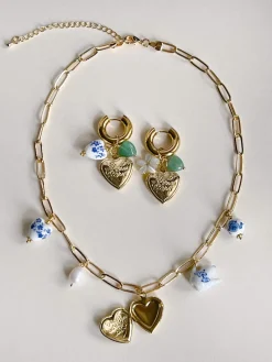 Chunky Heart Locket Hoops - Blue Ceramic Heart/Green Stones