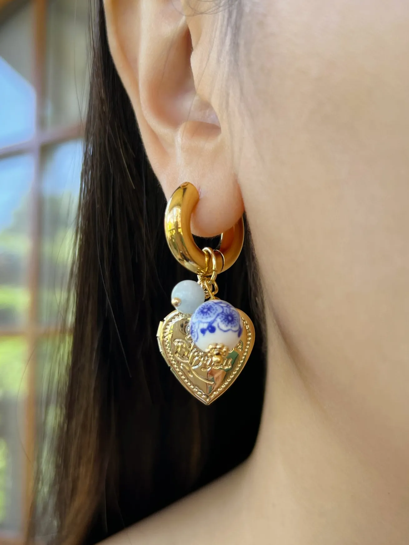 Chunky Heart Locket Hoops - An Eclectic Cup of Tea/Blue Stones