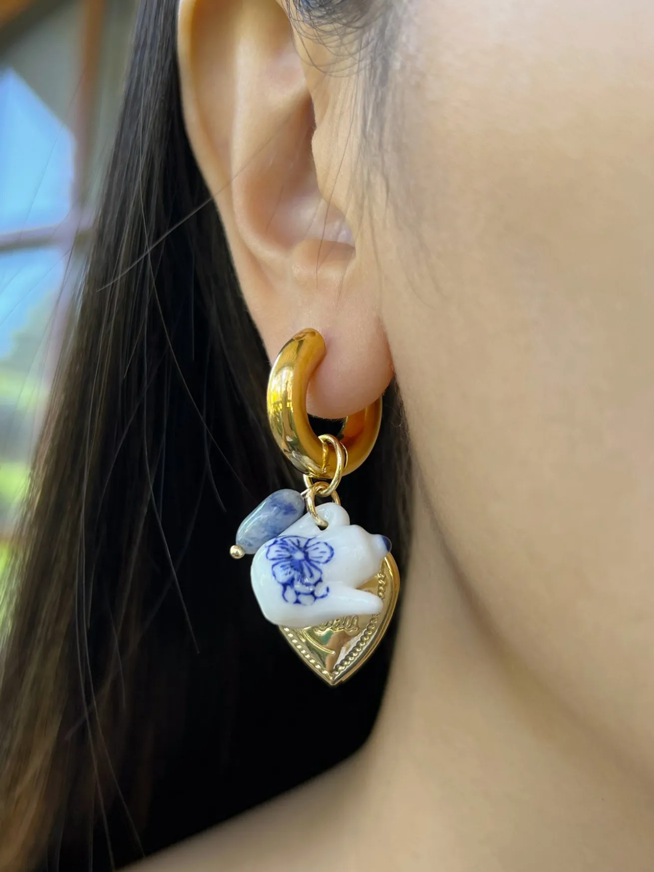 Chunky Heart Locket Hoops - An Eclectic Cup of Tea/Blue Stones