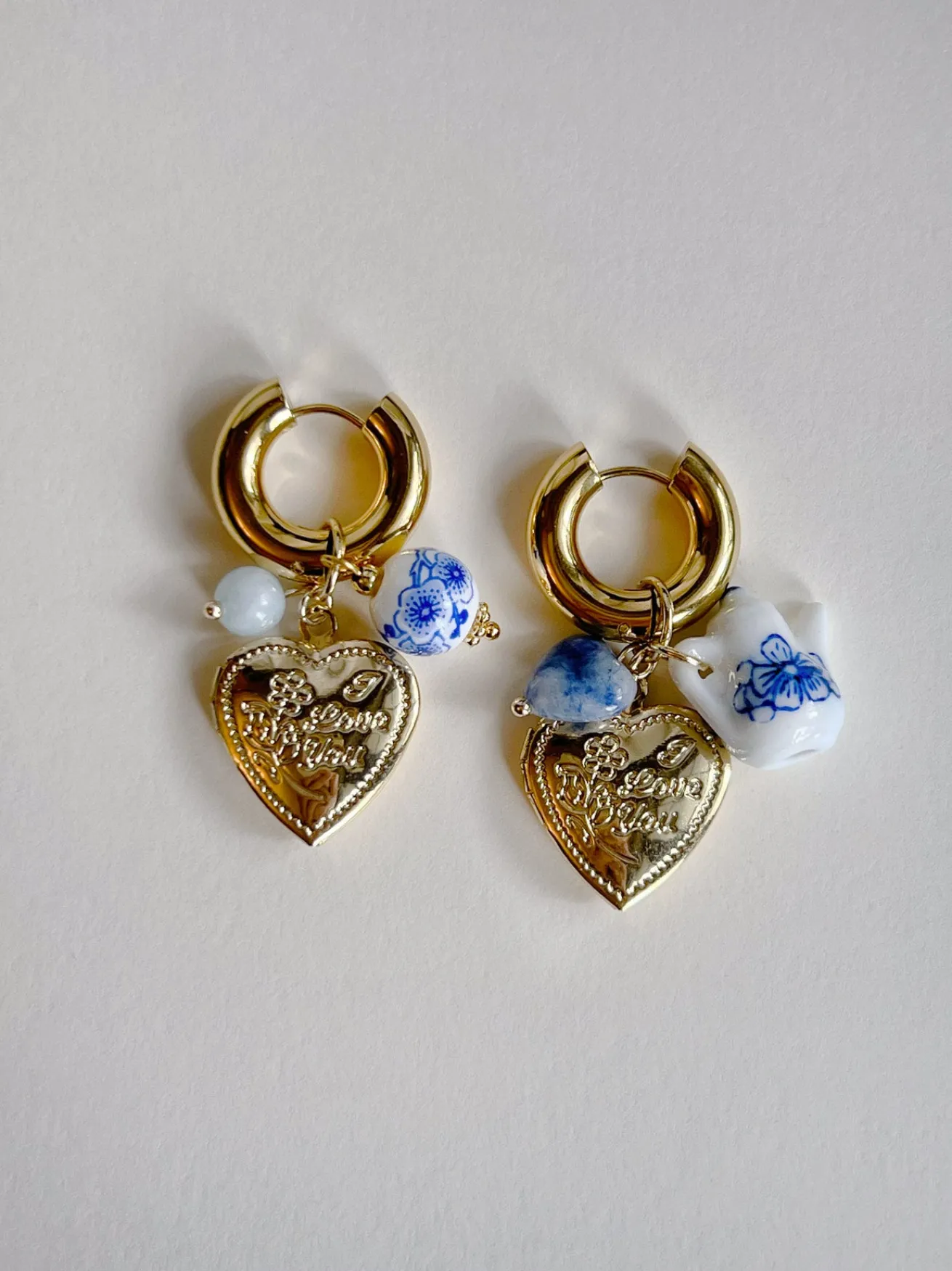 Chunky Heart Locket Hoops - An Eclectic Cup of Tea/Blue Stones