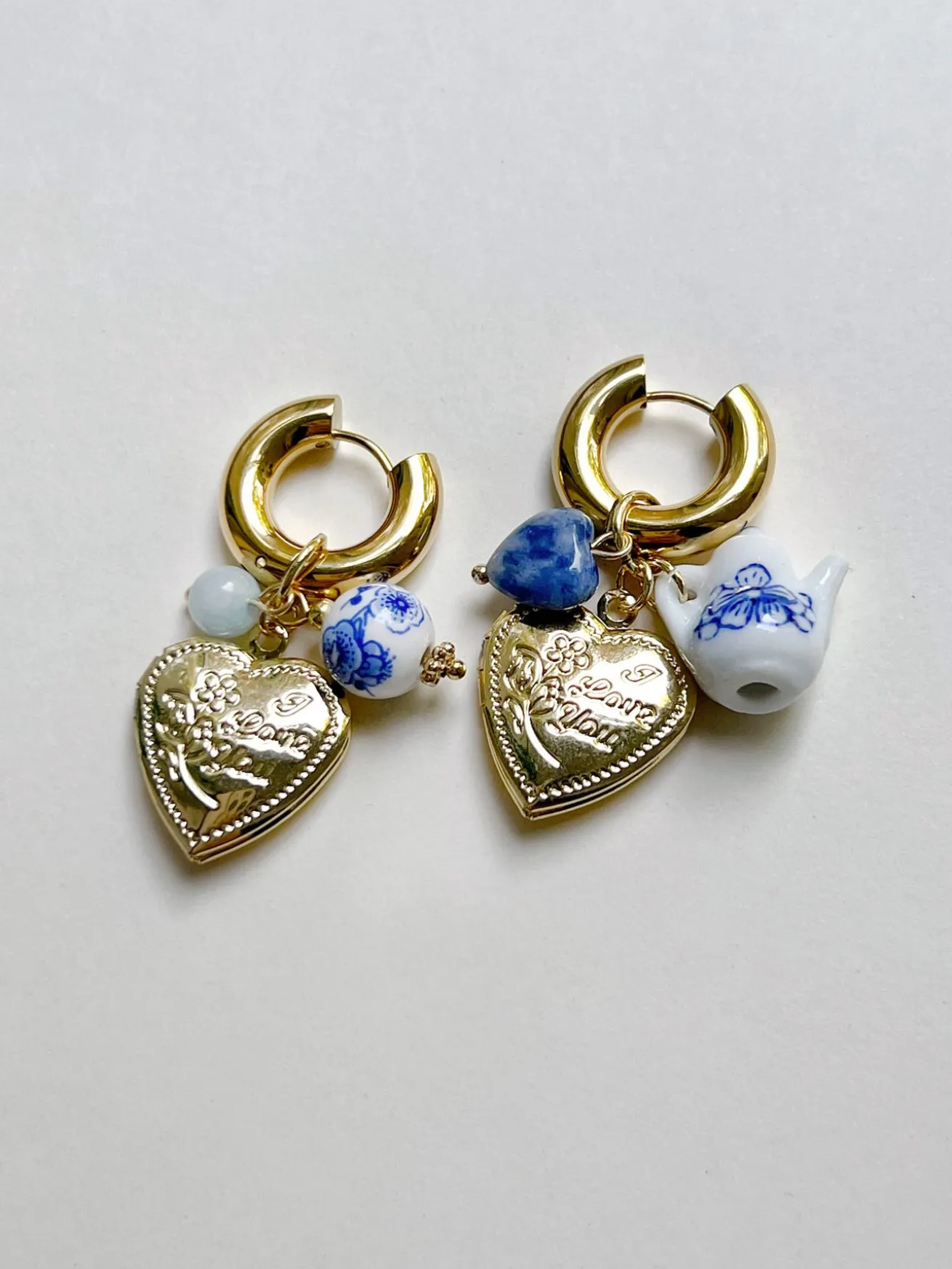 Chunky Heart Locket Hoops - An Eclectic Cup of Tea/Blue Stones