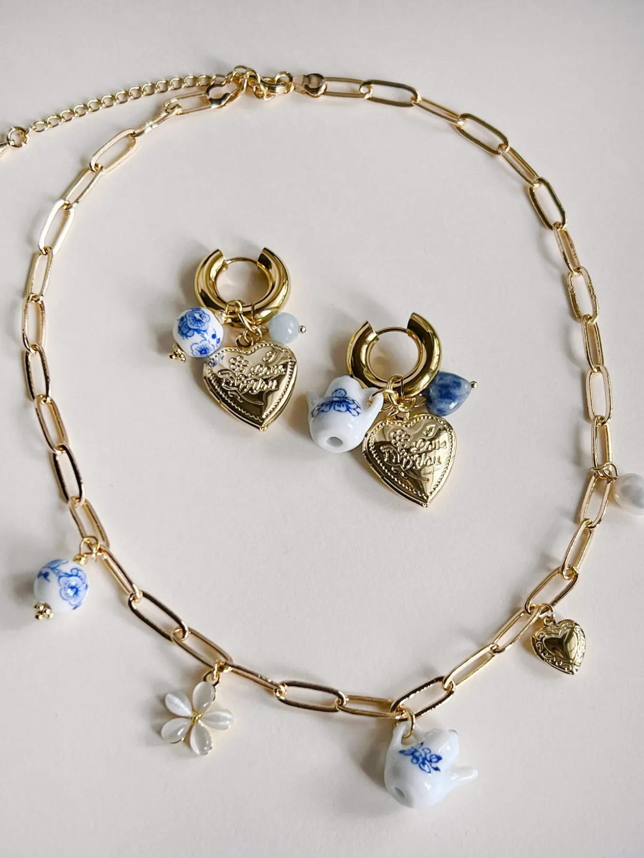 Chunky Heart Locket Hoops - An Eclectic Cup of Tea/Blue Stones