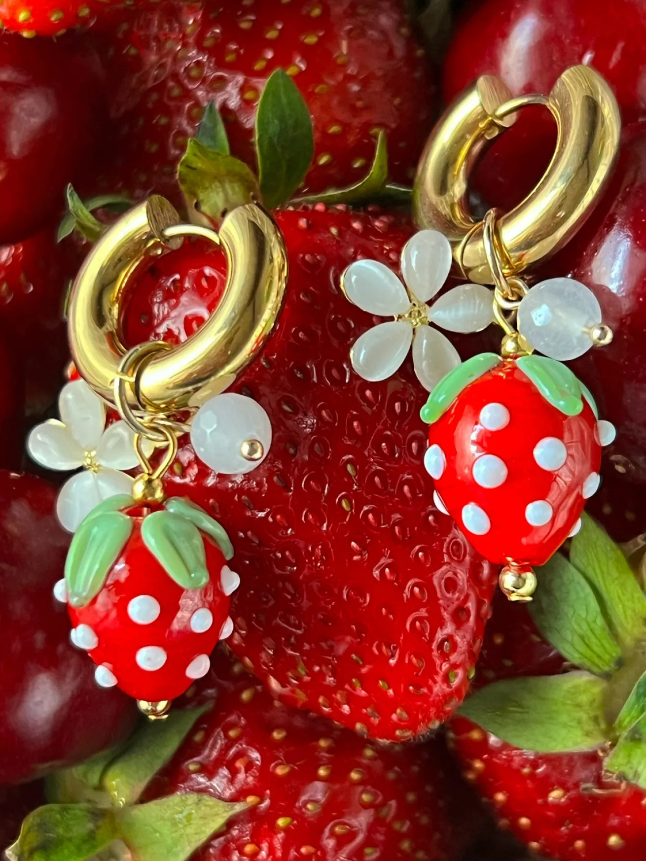 Chunky Strawberry Hoops with Assorted Charms - Red