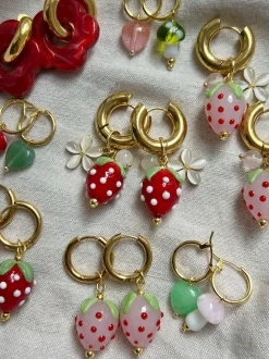 Chunky Strawberry Hoops with Assorted Charms - Red