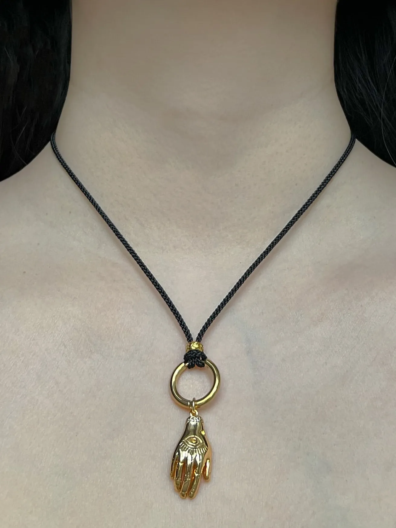 Cord Necklace, Black - Evil Eye Hand
