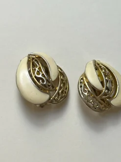 Cream Enamel Gold Clip-Ons (Vintage)