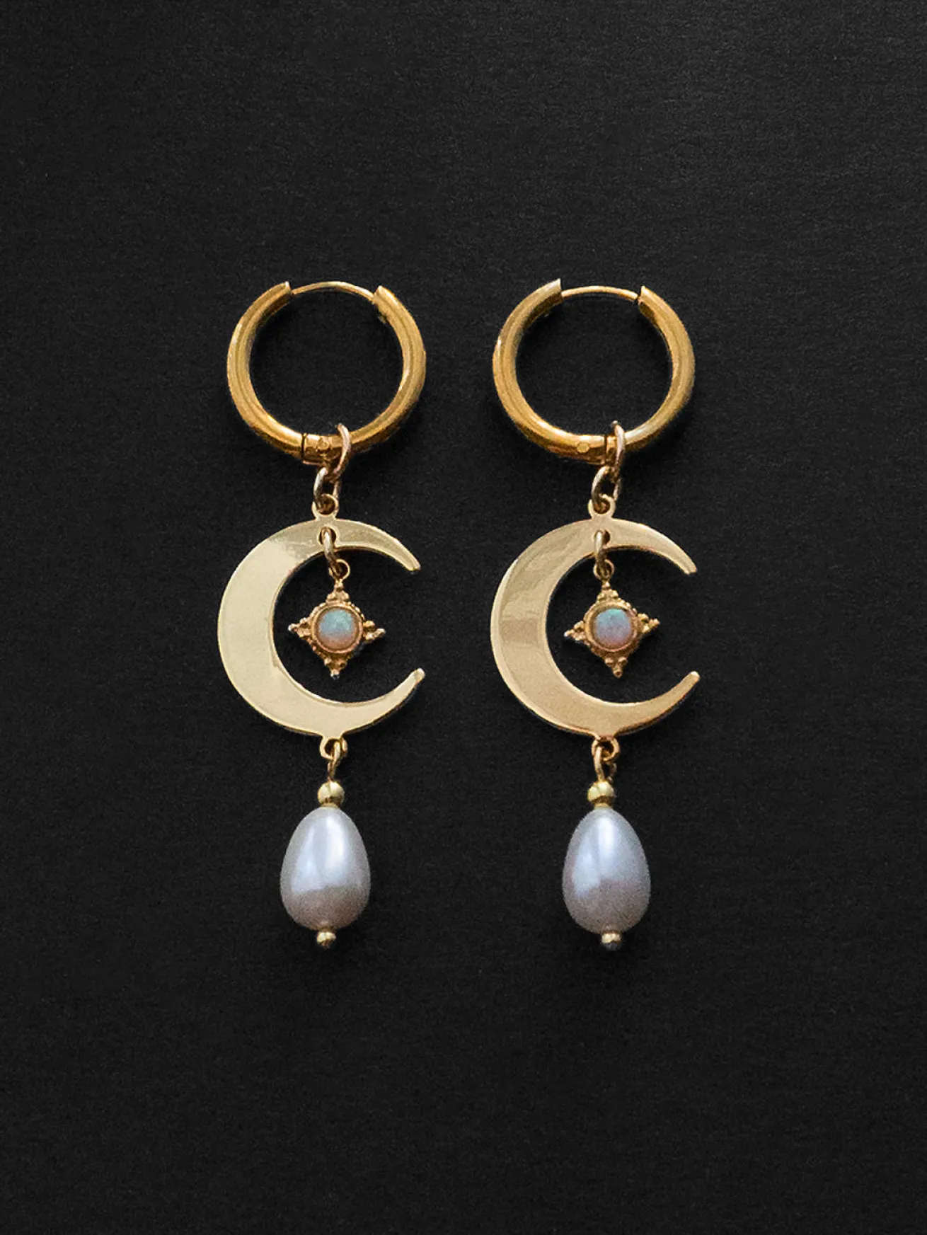 Crescent Moon Earrings - Opal Charms, Teardrop Glass Pearls