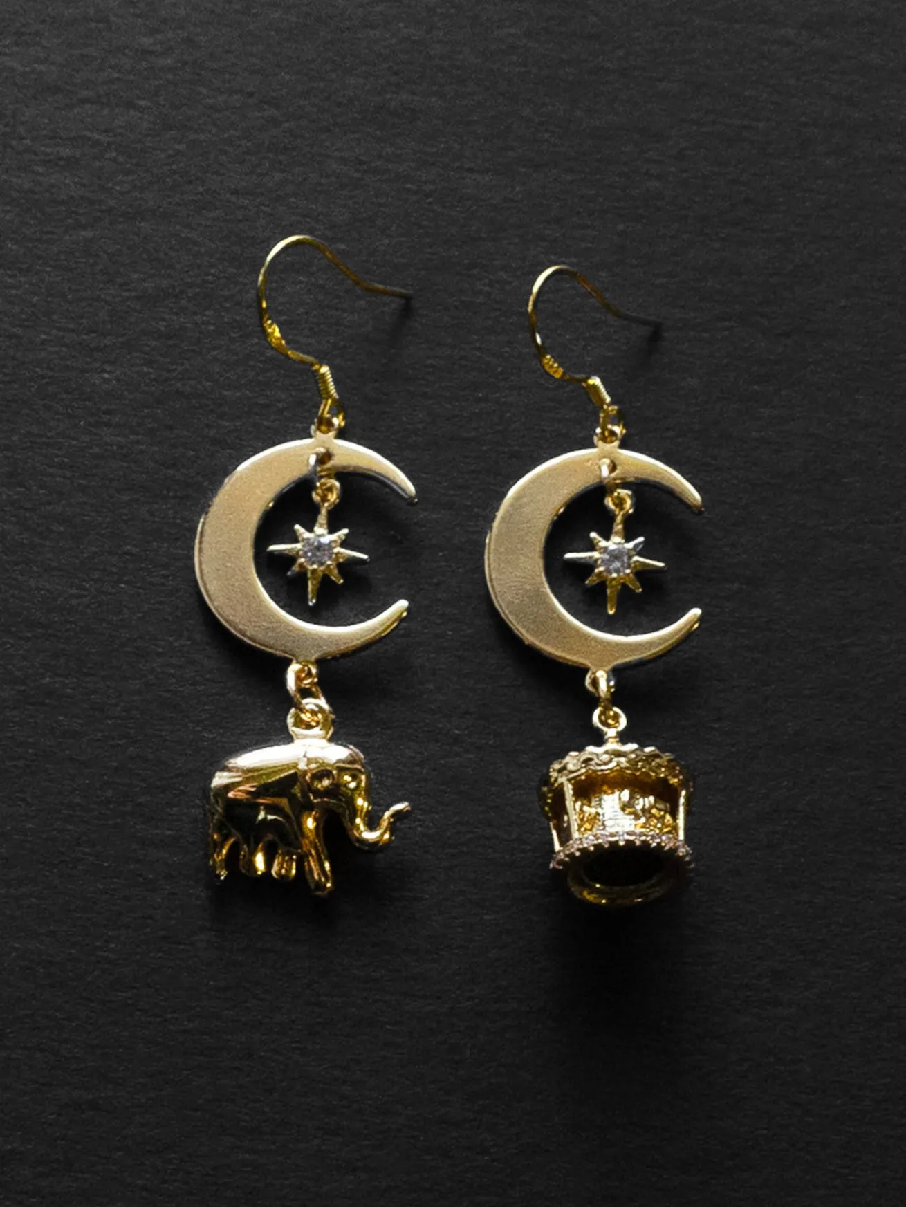Crescent Moon Mismatched Carnival Earrings - Carousel, Elephant Charms