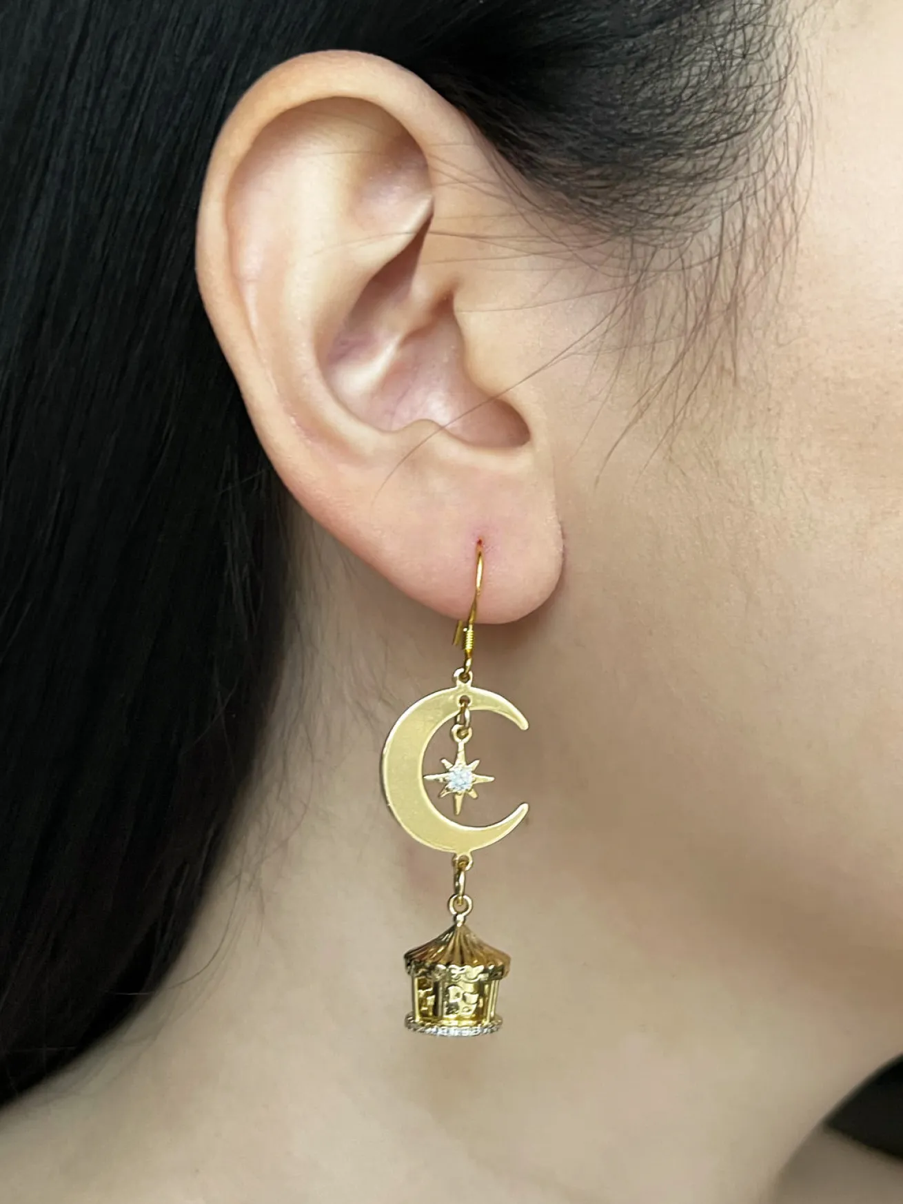 Crescent Moon Mismatched Carnival Earrings - Carousel, Elephant Charms