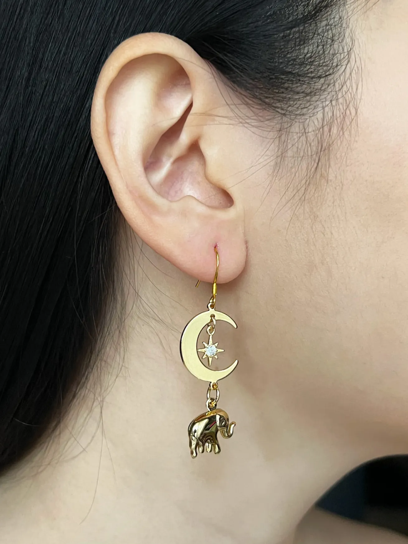 Crescent Moon Mismatched Carnival Earrings - Carousel, Elephant Charms