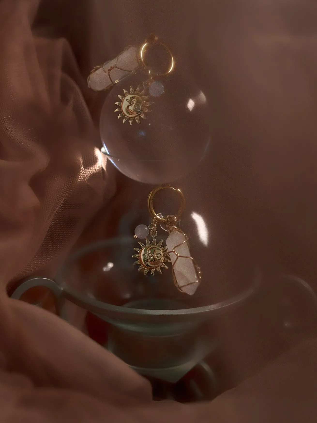 Divine Sun-Moon Hoops - Clear Quartz