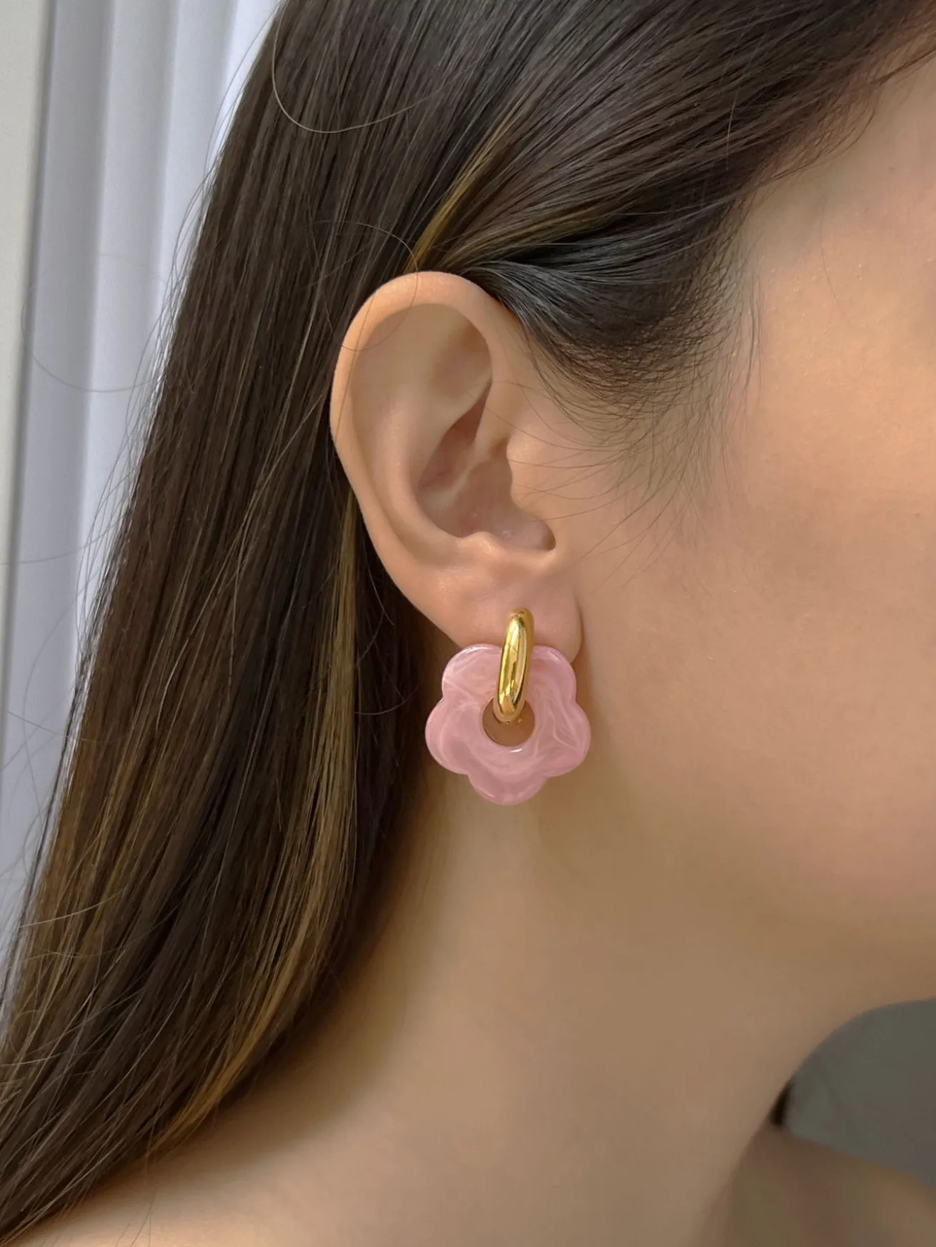 Donut Hoops with Flower Charm - Pink