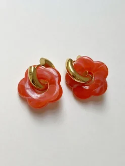 Donut Hoops with Flower Charm - Orange-red