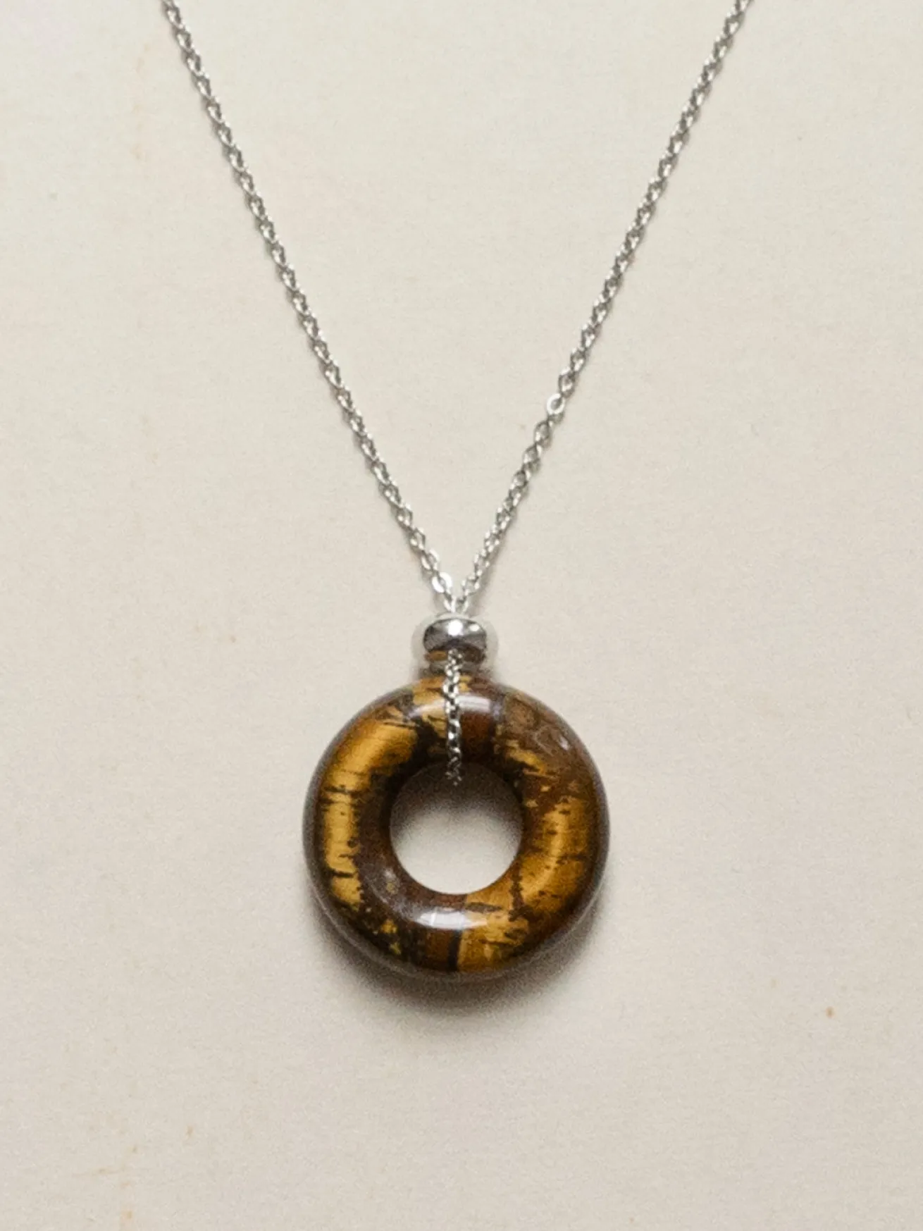 Donut Stone Necklace, Silver - Tiger Eye