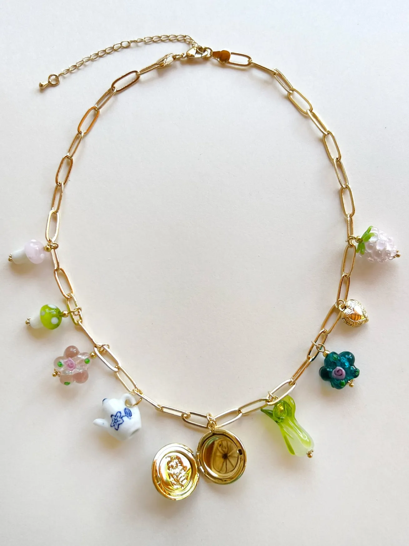 Eclectic Flower Locket Charm Necklace - Teapot, Glass Flowers & Mushrooms