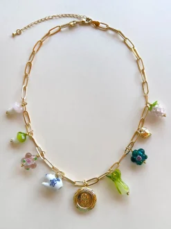 Eclectic Flower Locket Charm Necklace - Teapot, Glass Flowers & Mushrooms