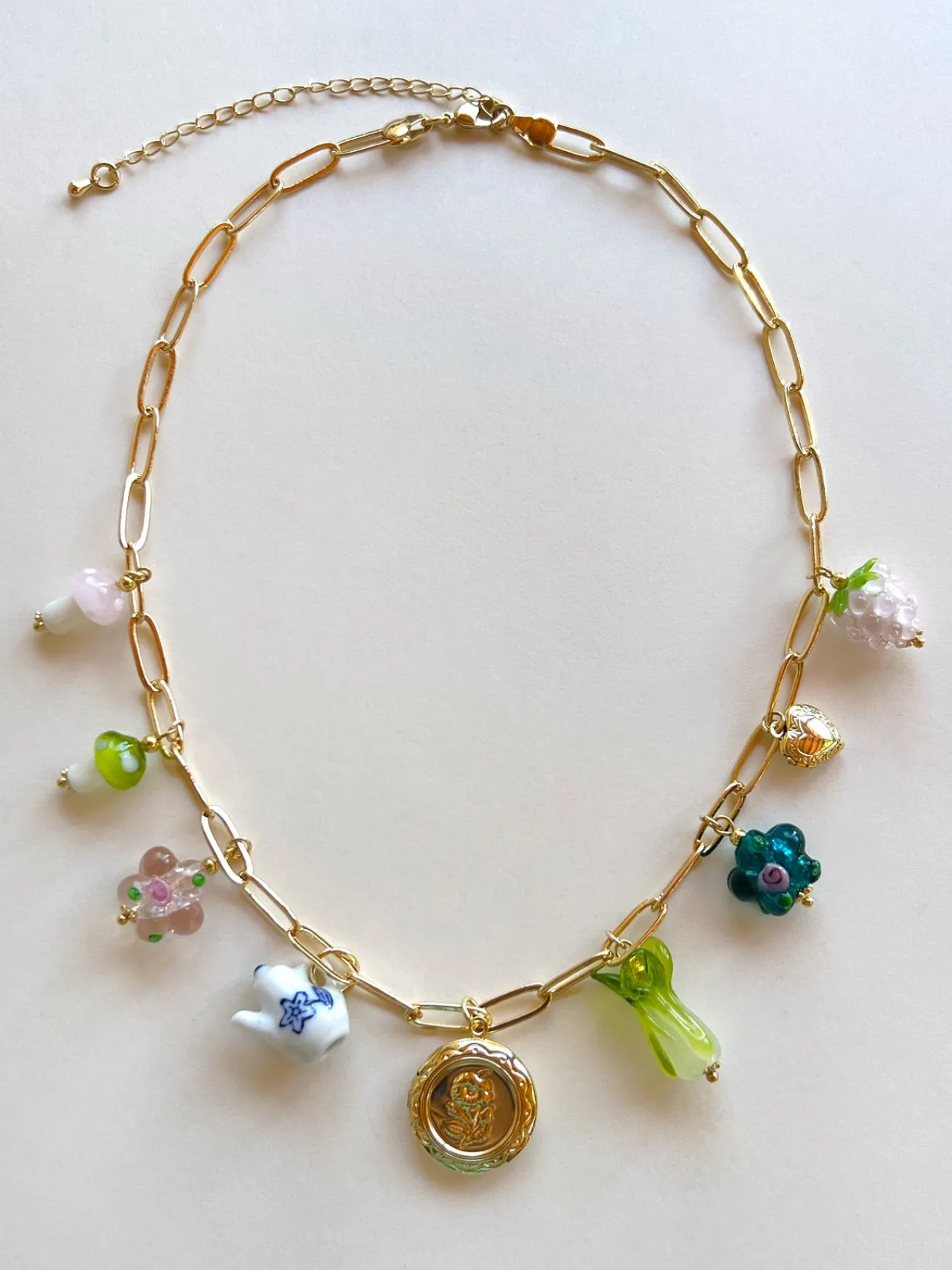 Eclectic Flower Locket Charm Necklace - Teapot, Glass Flowers & Mushrooms