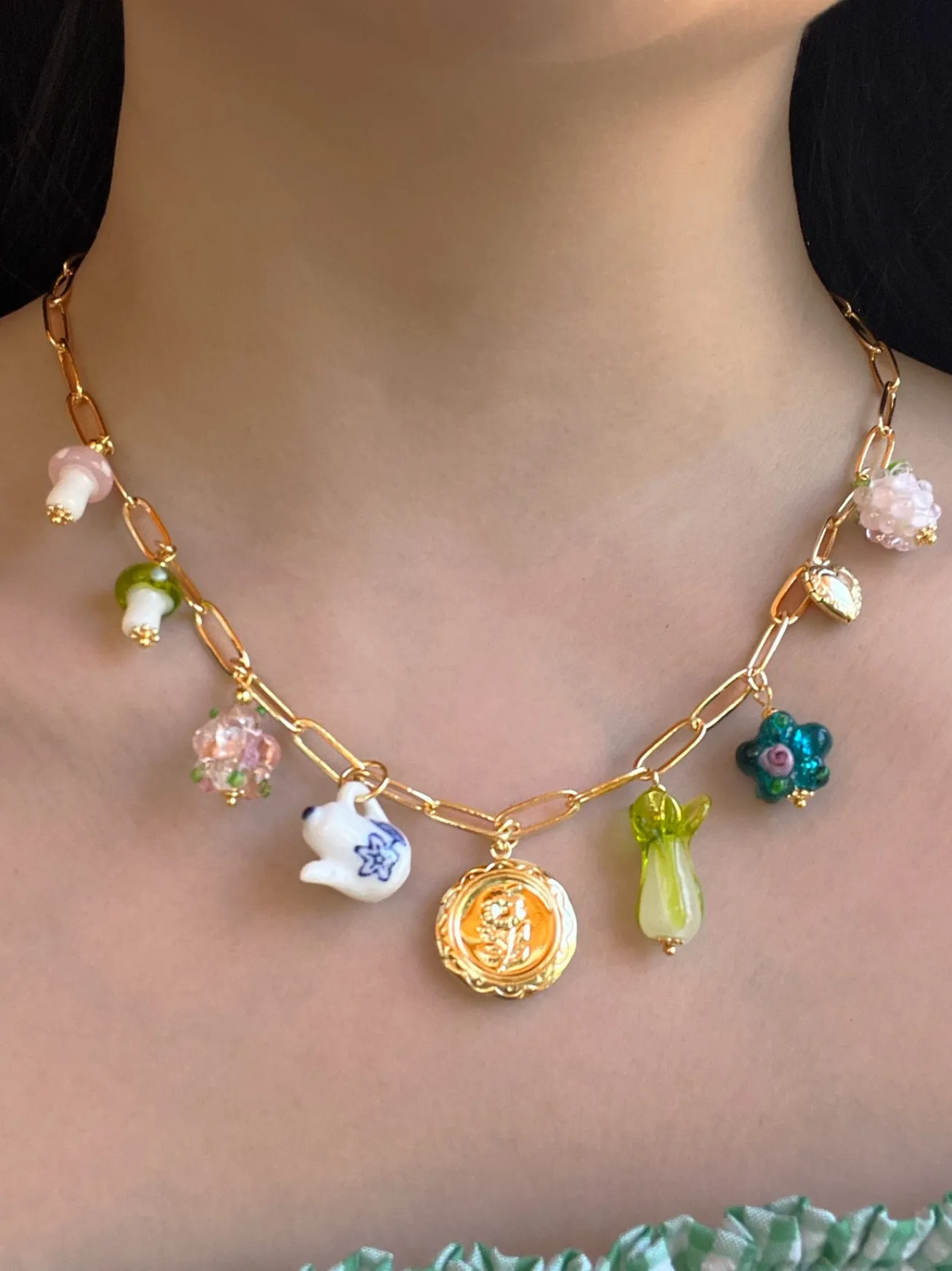 Eclectic Flower Locket Charm Necklace - Teapot, Glass Flowers & Mushrooms