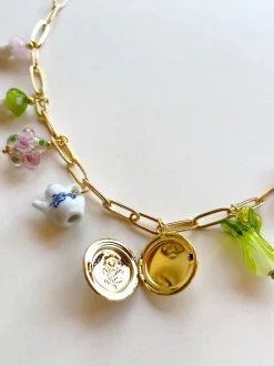 Eclectic Flower Locket Charm Necklace - Teapot, Glass Flowers & Mushrooms