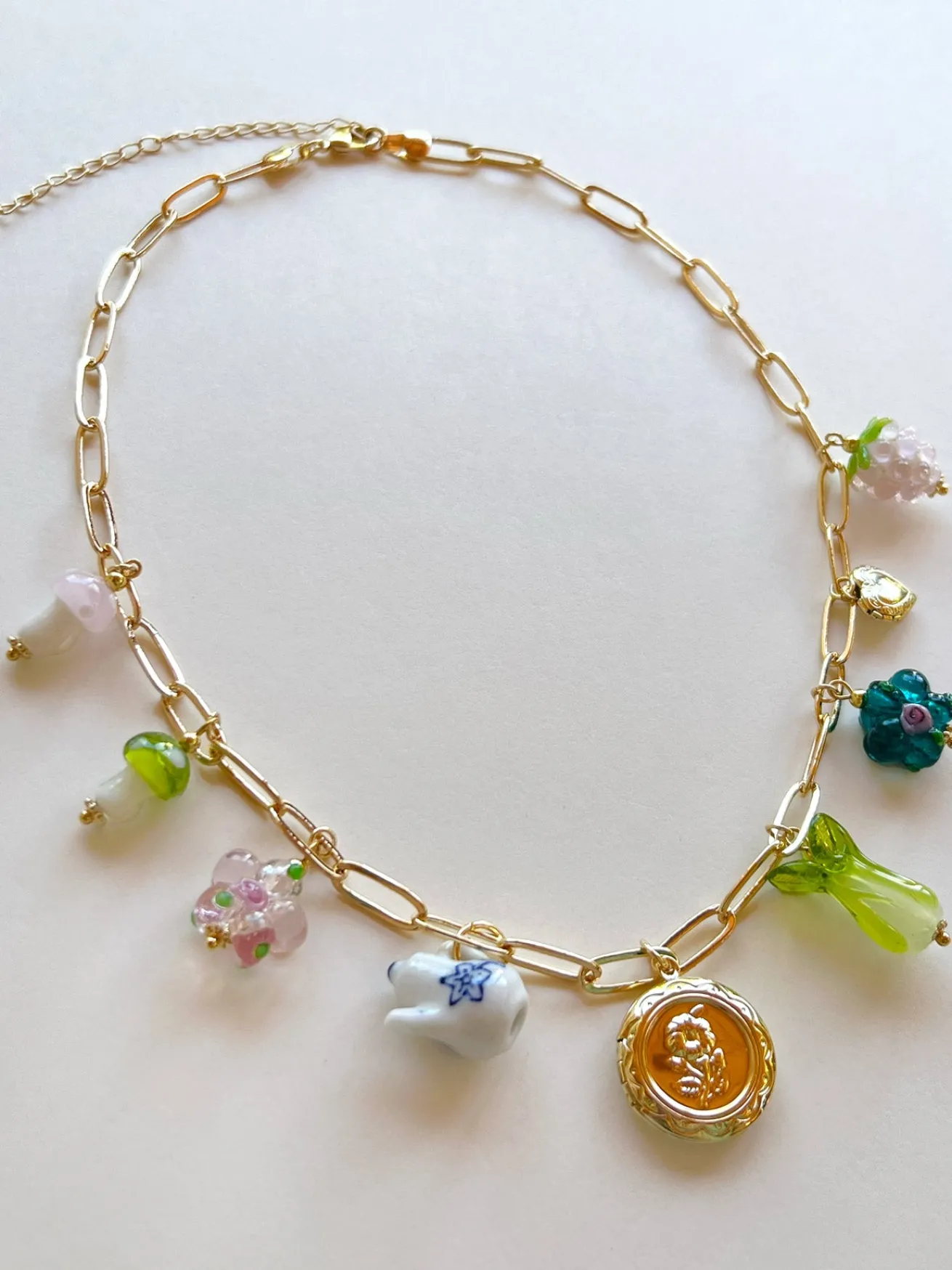 Eclectic Flower Locket Charm Necklace - Teapot, Glass Flowers & Mushrooms