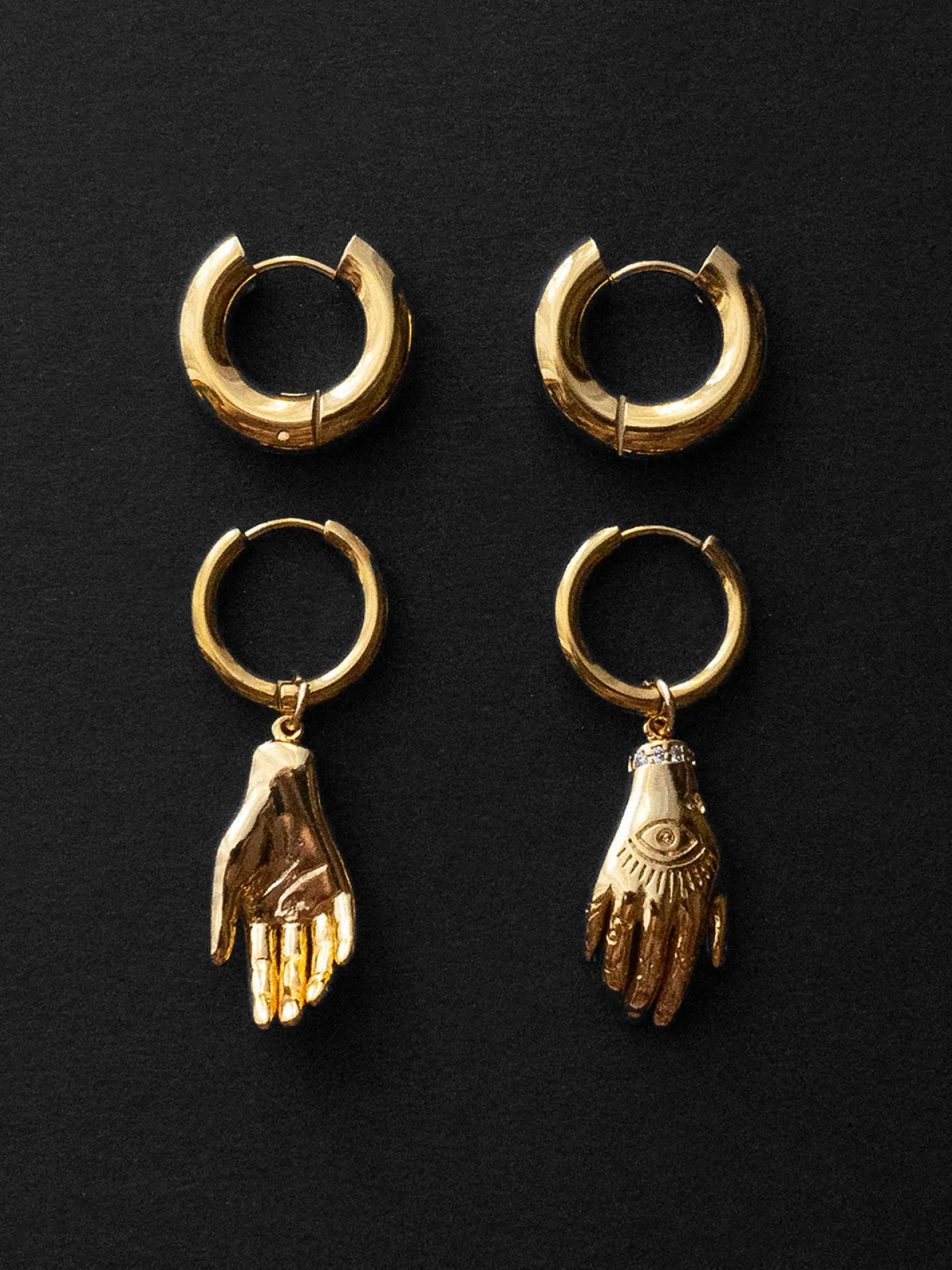 Evil Eye Hand Chunky Gold Hoops