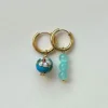 Flower Cloisonne & Little Stone Mismatched Hoops - Blue